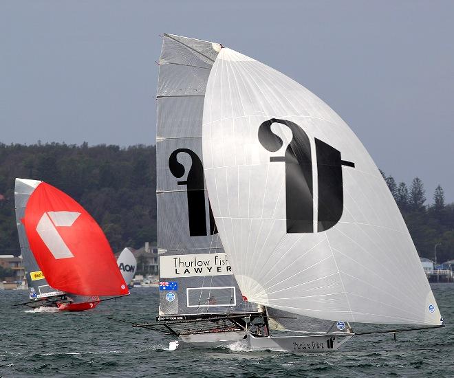 Thurlow Fisher Lawyers leads defending champion Gotta Love It 7 home in Race 5 of the JJ Giltinan Championship - 2015 JJ Giltinan 18ft Skiffs Championship, Race 5 © Frank Quealey /Australian 18 Footers League http://www.18footers.com.au